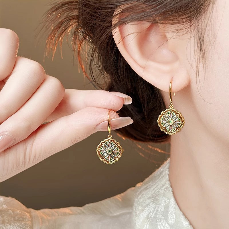 Vintage Gold Enamel Floral Hook Earrings