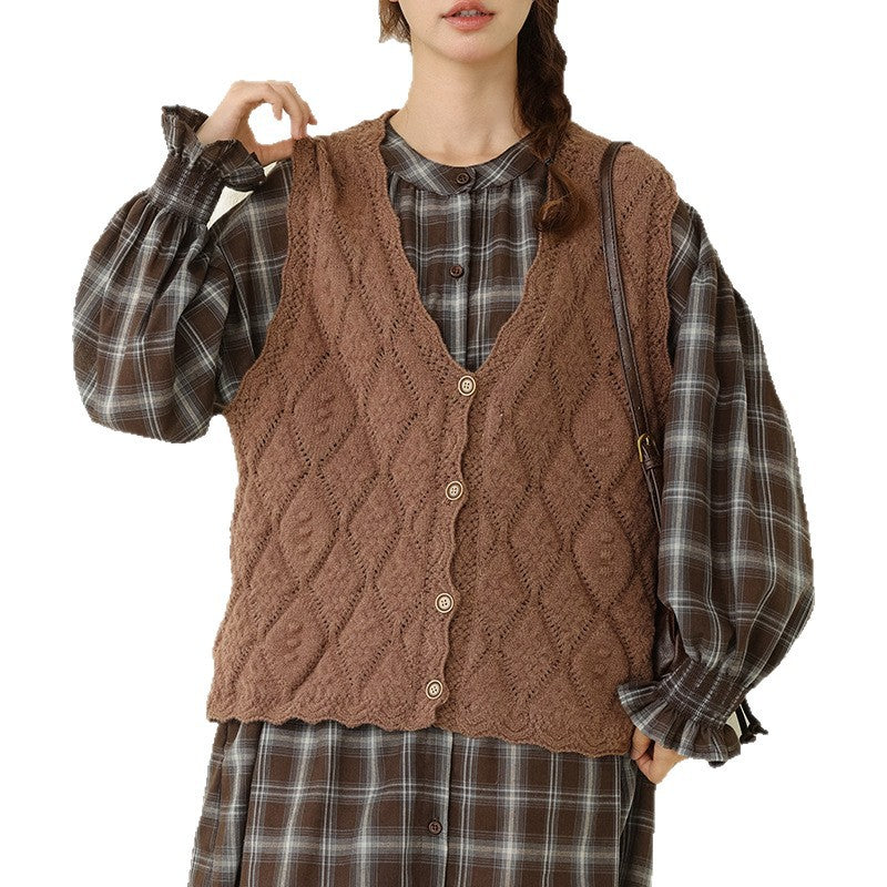 Casual V-Neck Button-Up Knit Vest Loose Fit for Women