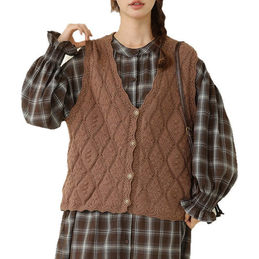 Casual V-Neck Button-Up Knit Vest Loose Fit for Women