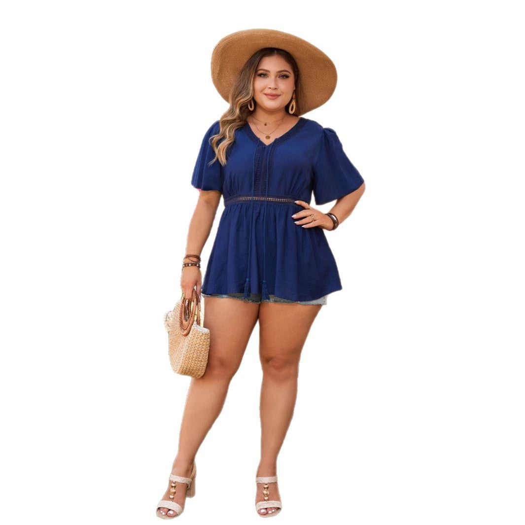 Casual V-Neck Short Sleeve Tops For Plus Size Women
