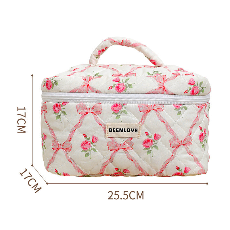 Cute Heart Print Cotton Quilted Cosmetic Bag