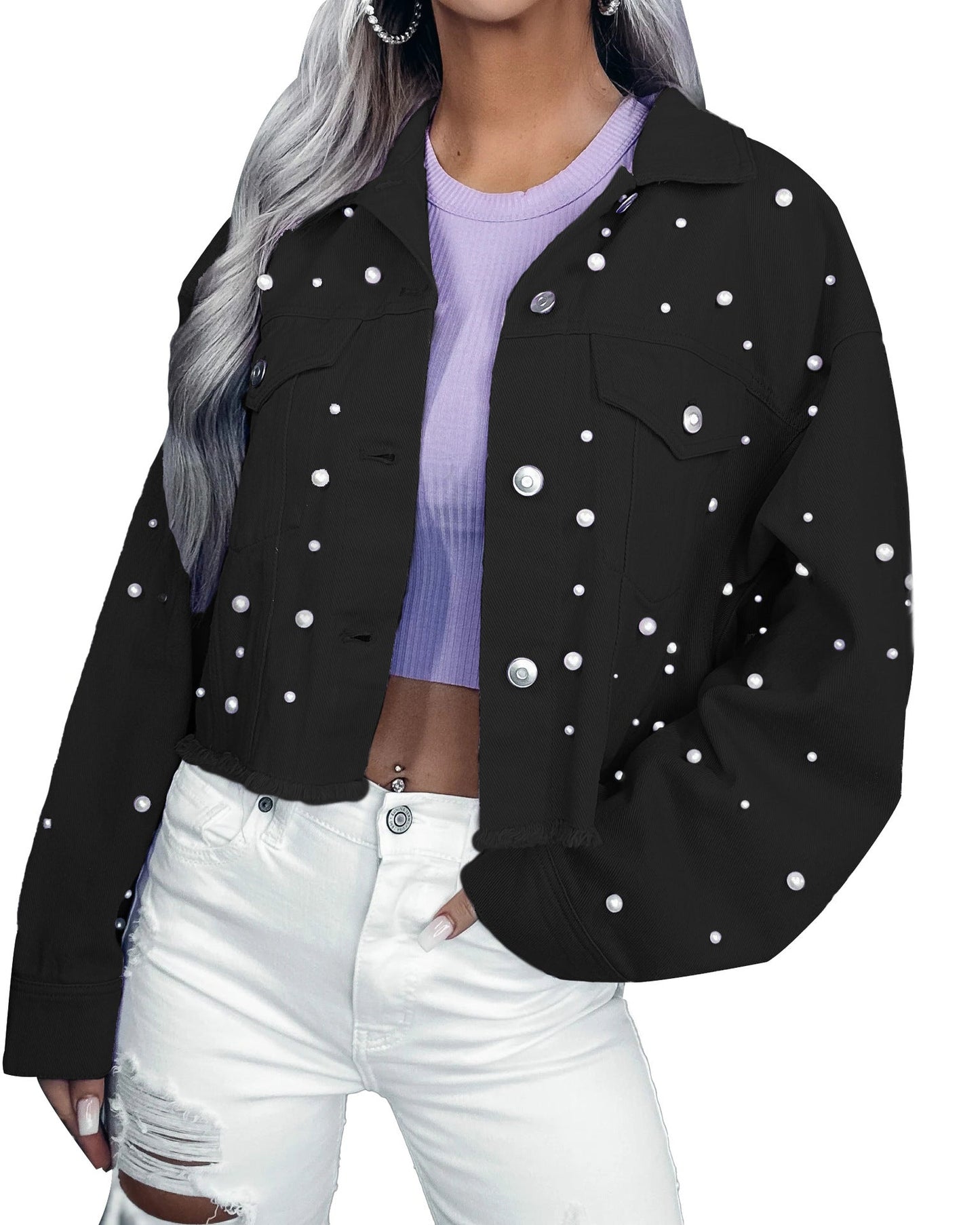 Casual Street Style Denim Jacket with Beads