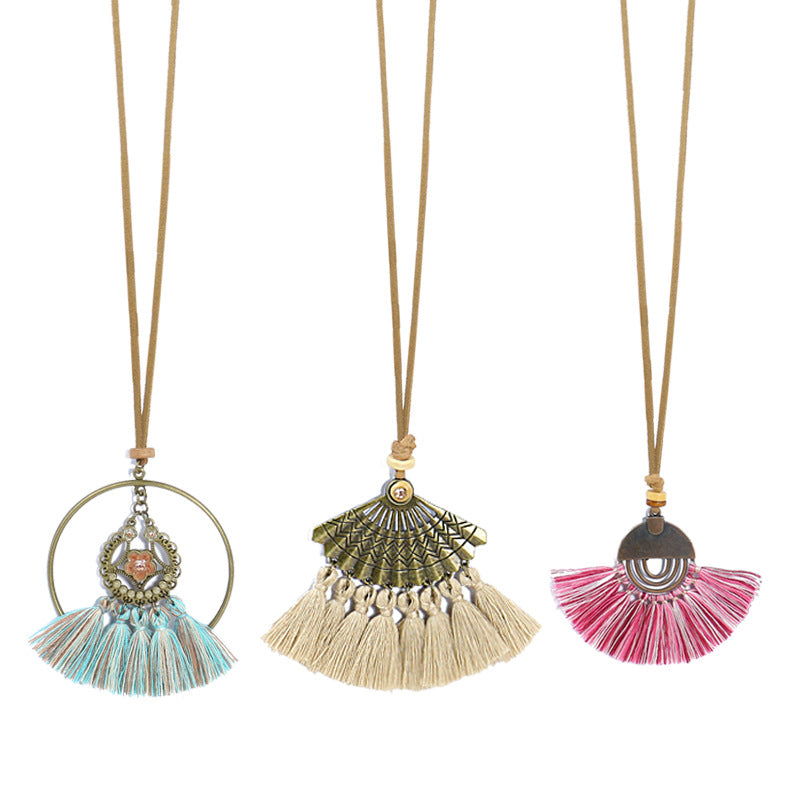Bohemian Long Pendant Necklace with Tassels and Floral Design