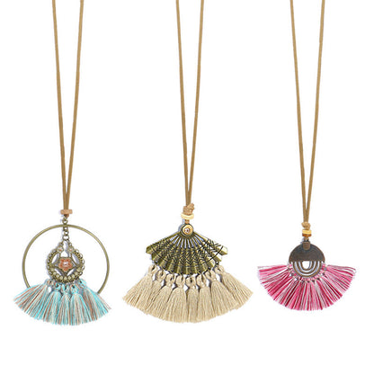 Bohemian Long Pendant Necklace with Tassels and Floral Design