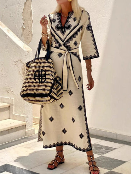 Bohemian Floral Belted Maxi Dress Elegant Commuter Style
