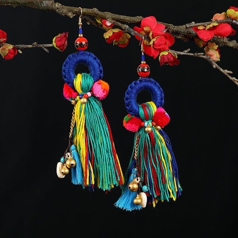 Retro National Style Contrast Color Pommel Earrings Exaggerated Personality Bohemian Holiday Long Tassel Temperament Earrings Women