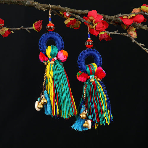 Retro National Style Contrast Color Pommel Earrings Exaggerated Personality Bohemian Holiday Long Tassel Temperament Earrings Women