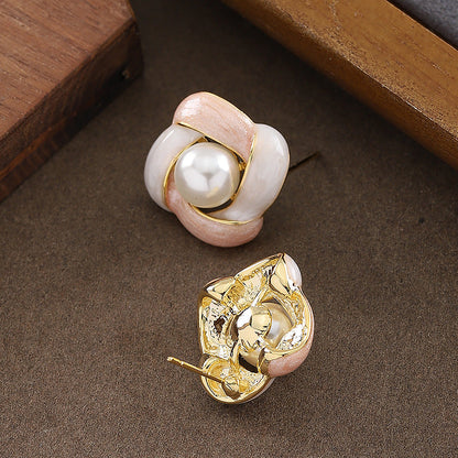 Elegant French Enamel Drip Glaze Floral Pearl Stud Earrings