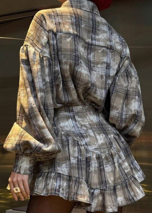 Plaid Soft Fabric Skirt And Balloon Sleeve Shirt Set