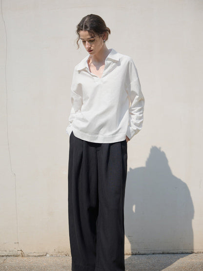 White V-Neck Long Sleeve Linen Shirt for Women
