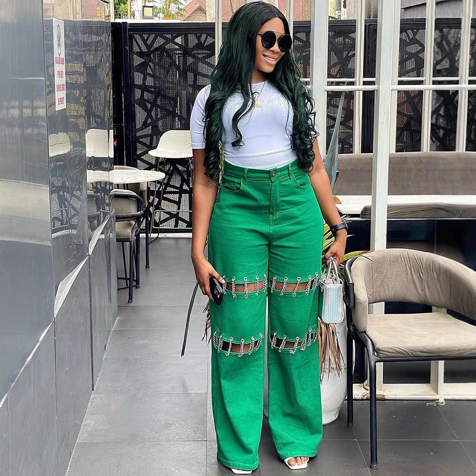 High-Waisted Denim Pants With Chain Details For Women