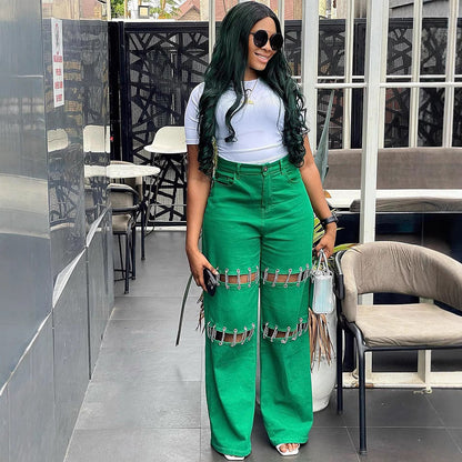 High-Waisted Denim Pants With Chain Details For Women