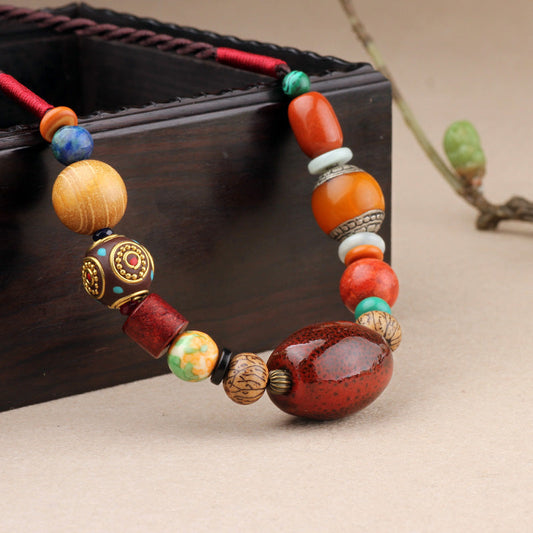 Ethnic Style Original Handmade Tibetan Jewelry Necklace Vintage Multi Treasure Ceramic Beads Versatile Short Collarbone Neck Chain