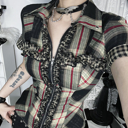 Women's Checkered Cotton Shirt Casual Dark Aesthetic Top