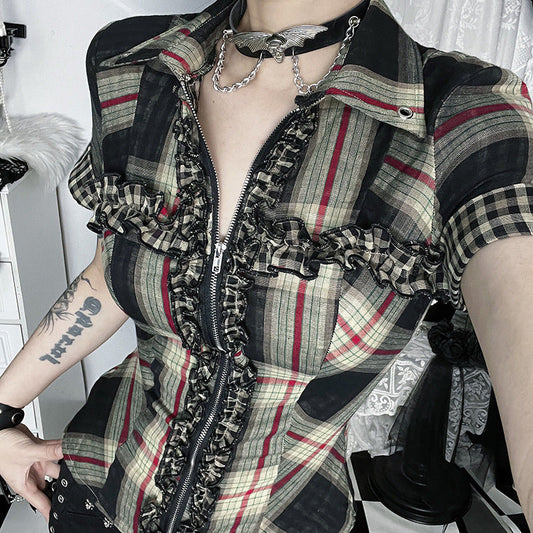 Women's Checkered Cotton Shirt Casual Dark Aesthetic Top