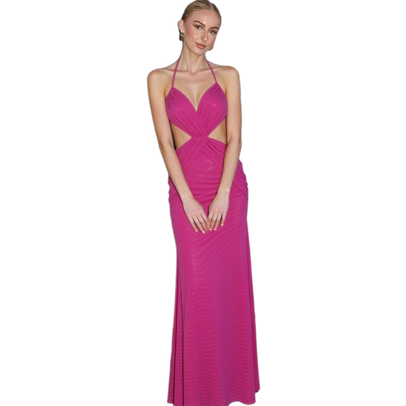 Backless Halter Long Dress In Solid Fuchsia