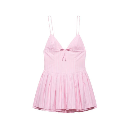 Bow Striped Spaghetti Mini Puffy Dresses