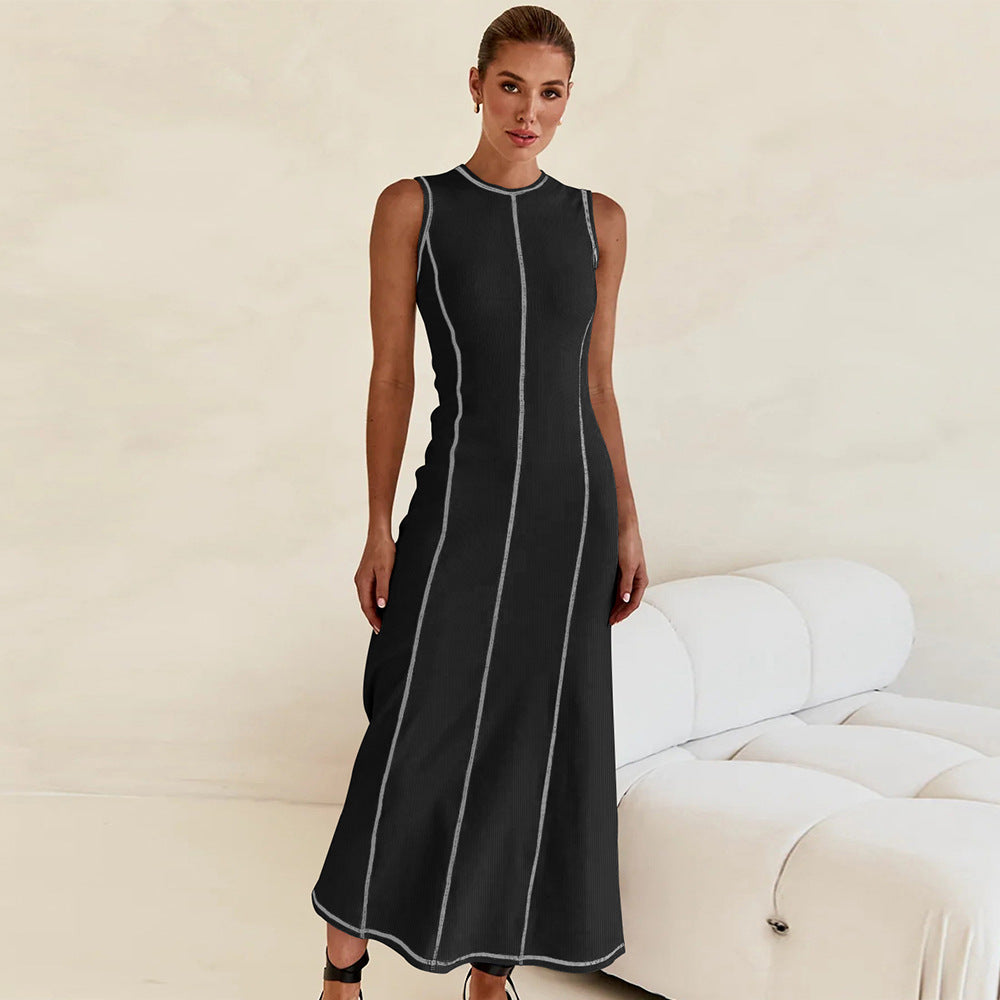 New Y2K Knit Sleeveless A-Line Dress with Round Neck