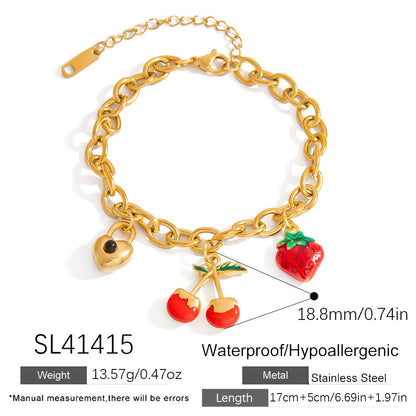 Cherry Strawberry Pendant Bracelet Stainless Steel Fashion Jewelry for Women