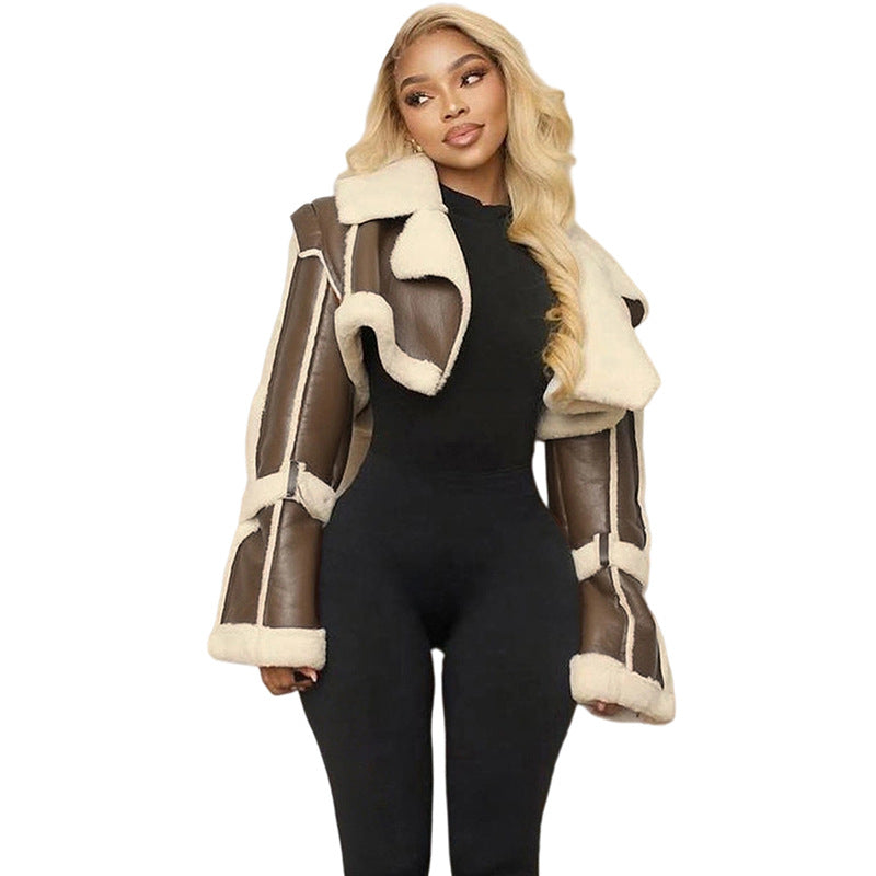 Trendy Cropped Pu Leather Jacket With Faux Fur Collar
