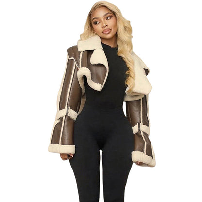 Trendy Cropped Pu Leather Jacket With Faux Fur Collar