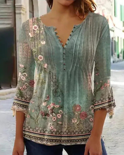 Spring And Summer Fashion New Women'S Clothing Floral Printing V-Neck Short-Sleeved Pleated Button-Up T-Shirt Bottoming Shirt