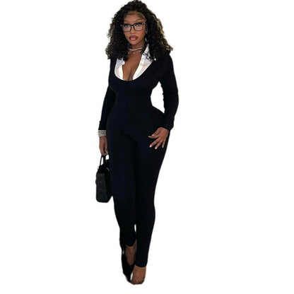 Sleek Elegant Women'S Jumpsuit With Zipper Long Sleeve White U-Neck