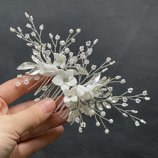 Bride Hair Accessory White Floral Comb Elegant Wedding Hairpiece