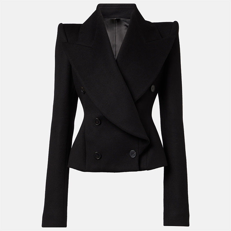 Stylish Double-Breasted Wool Blend Jacket With Large Lapels