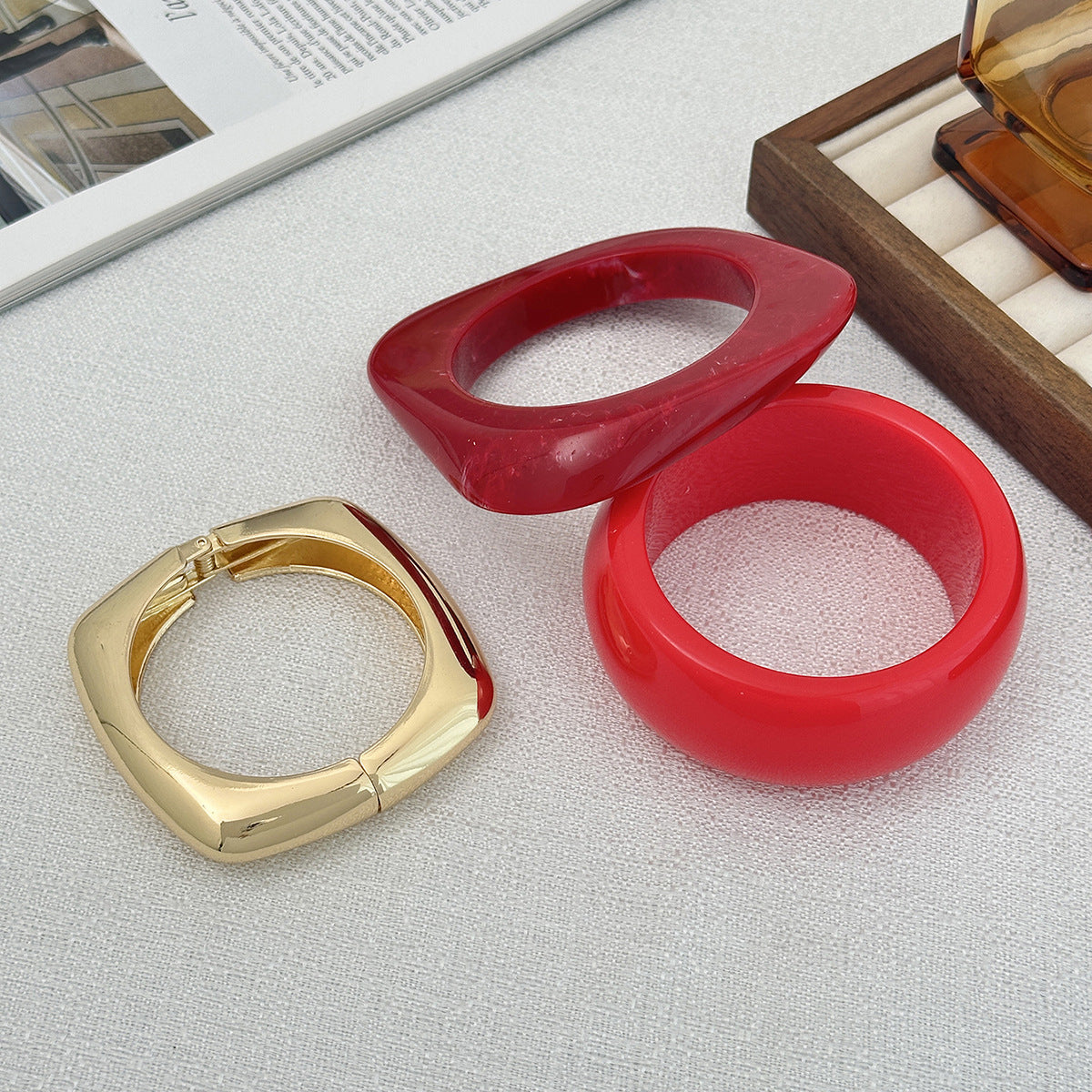 Trendy Geometric Resin Bracelets With Polished Metal Accents