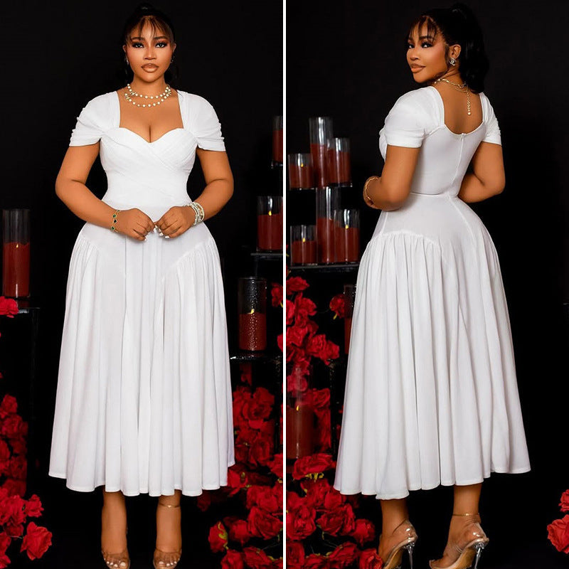 Elegant Solid Color Pleated A-Line Dress With V-Neck And Short Sleeves