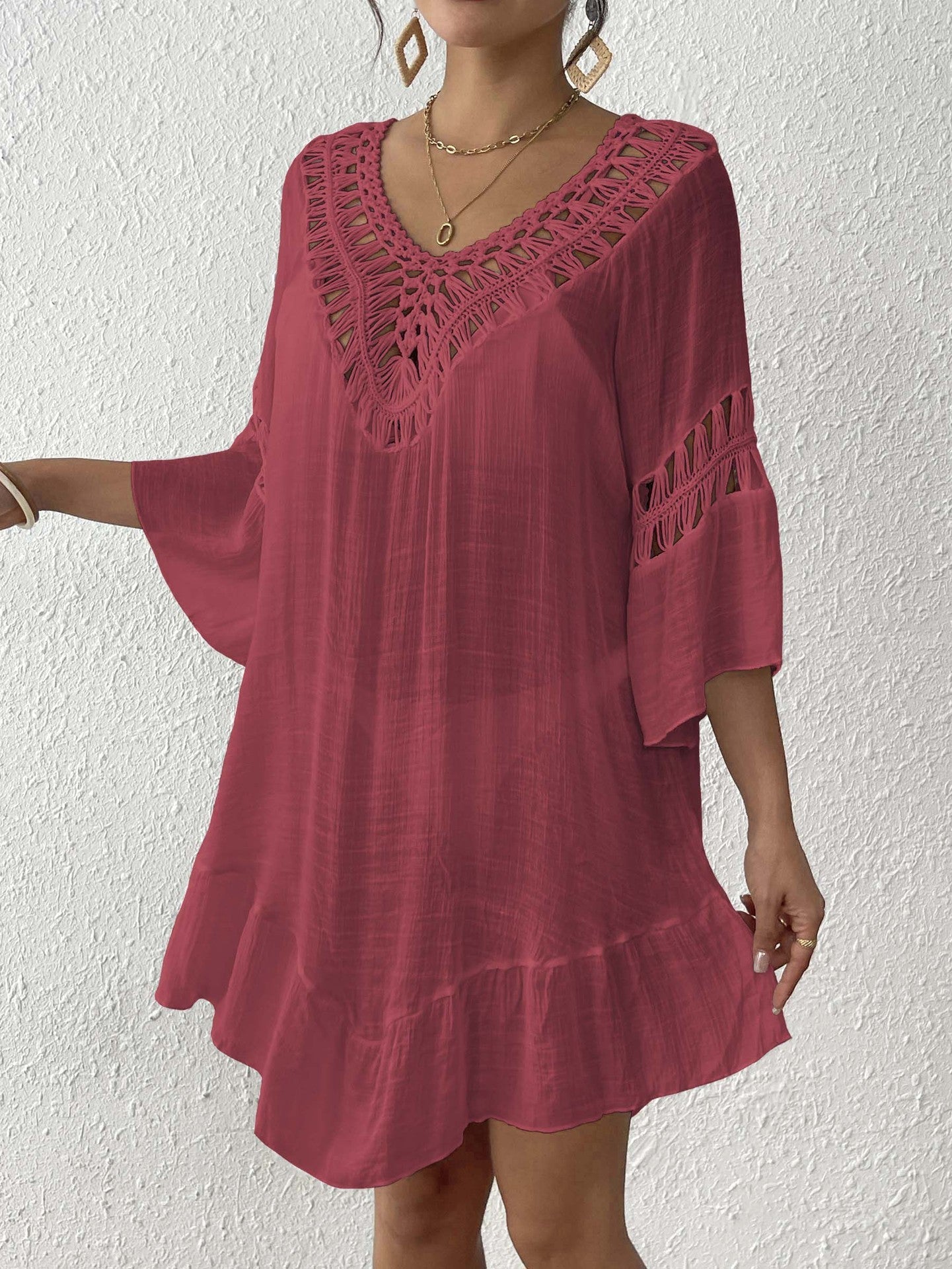 Women'S Crochet Fringe V Back Bikini Cover-Up Dress