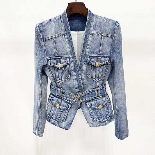 Water-Washed Denim Blazer with Slim Fit
