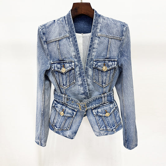 Trendy Slim-Fit Denim Blazer With Belt
