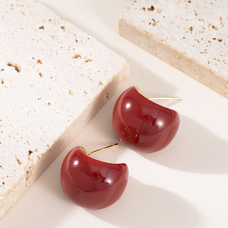 Geometry Design Cherry Red Enamel Stud Earrings - 925 Silver