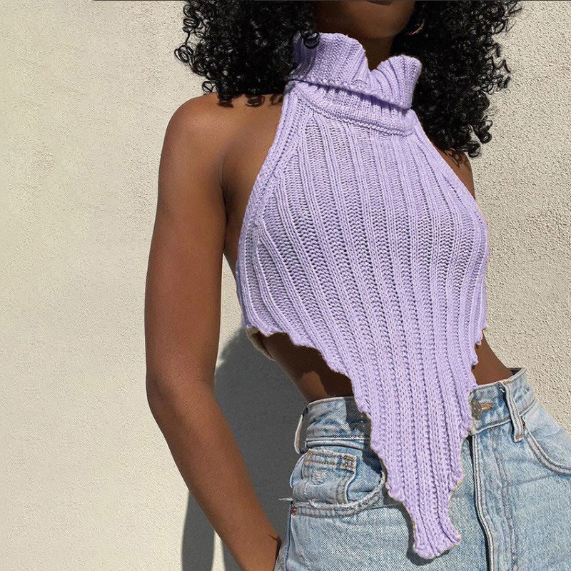 Sexy Backless Solid Color Turtleneck Irregular Knitted Vest