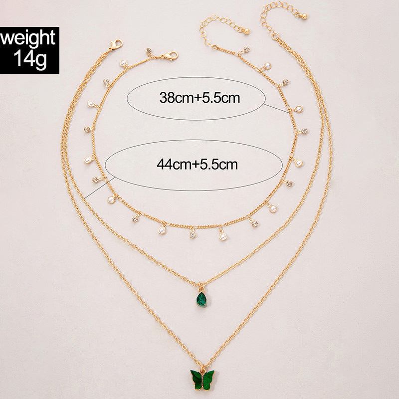 Emerald Green Butterfly Necklace With Layered Design And Heart Charm