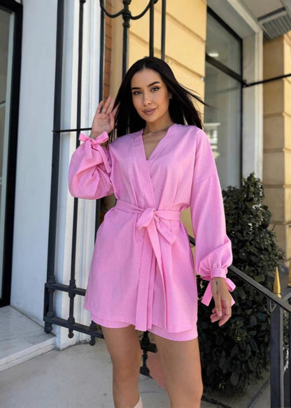 Linen Wrap Front Set With Belted Shirt And Shorts