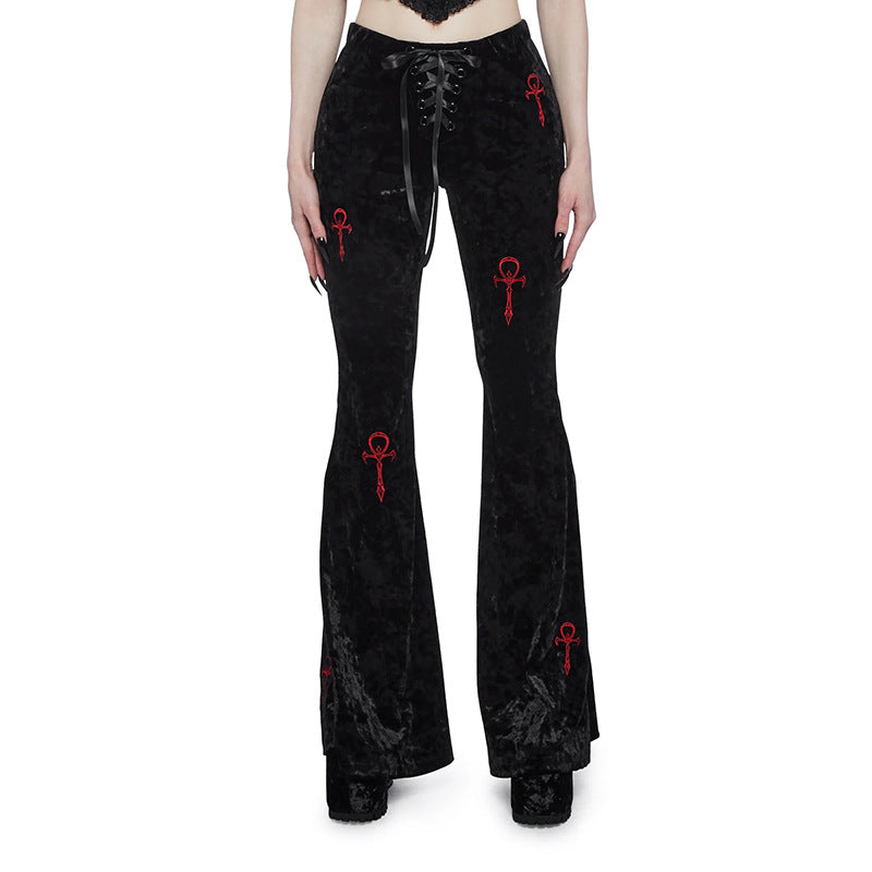 Casual High-Waisted Flare Pants with Cross Embroidery