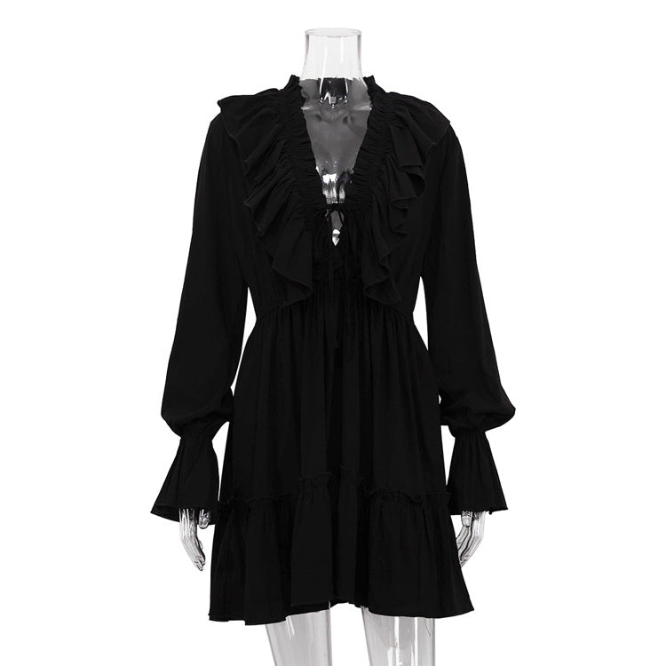 V-Neck Ruffle Sleeve White Dress Trendy Casual Dress