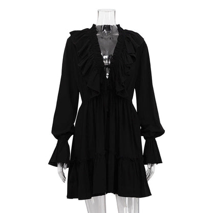 V-Neck Ruffle Sleeve White Dress Trendy Casual Dress