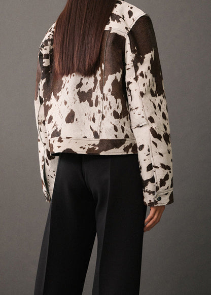 Cow Print Faux Fur Jacket With Denim Style