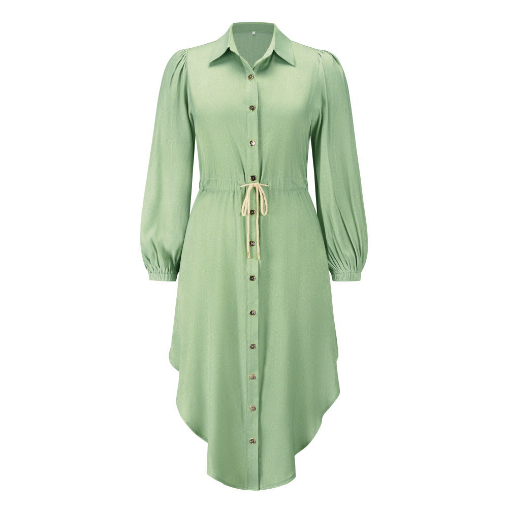 Long-Sleeved Temperament Shirt Mid-Length Tie-Up Waist Dress