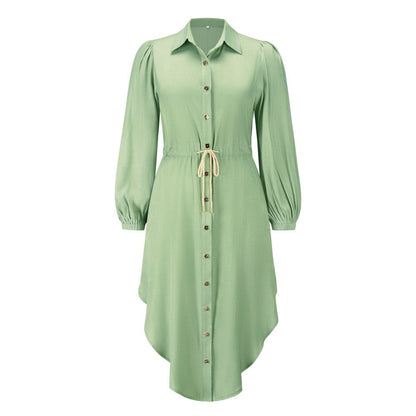 Long-Sleeved Temperament Shirt Mid-Length Tie-Up Waist Dress