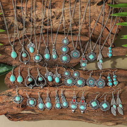 Bohemian Vintage Turquoise Water Drop Earrings and Necklace Set