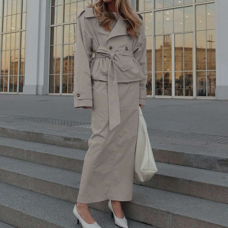 Chic Two-Piece Midi Skirt and Long Sleeve Trench Coat Set