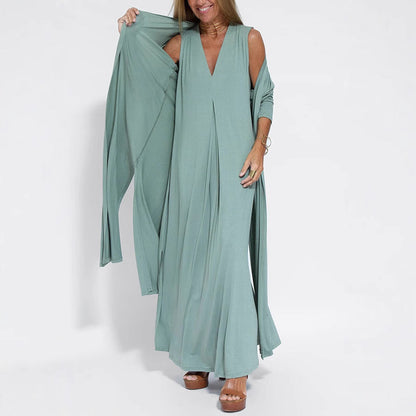Solid Color V-Neck Maxi Dress and Cardigan Set for Women