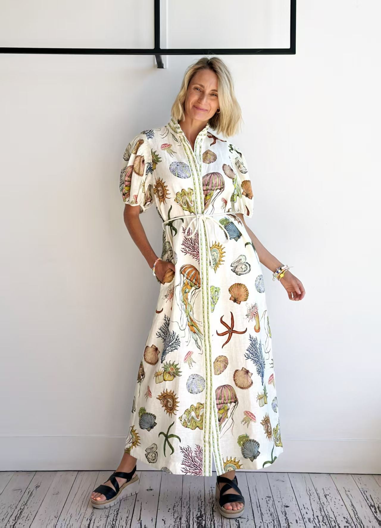 Casual Elegant Animal Pattern Linen Dress with Stand Collar