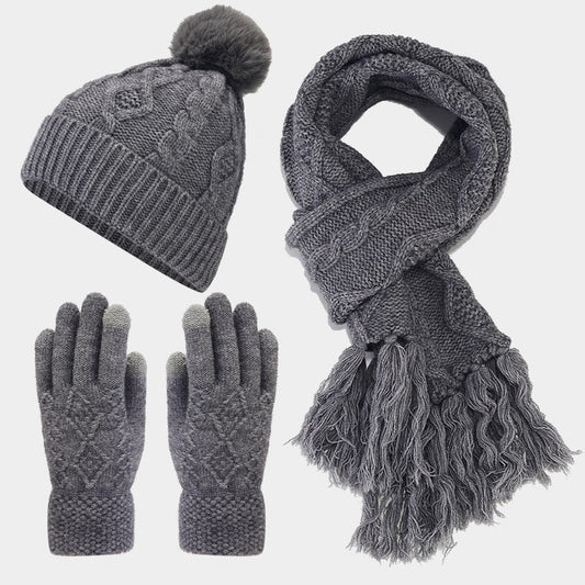 3PCS Solid Color Twist Tassel Hat & Scarf Sets