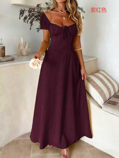 Elegant One-Shoulder Long Dress with Short Sleeves